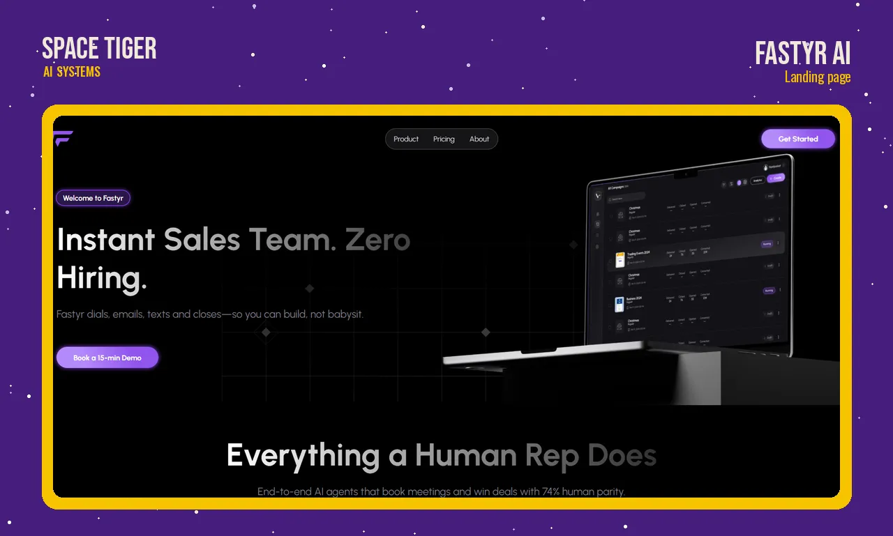 Fastyr’s earlier landing page: the headline “Instant Sales Team. Zero Hiring.” beside a laptop showing the campaign dashboard.