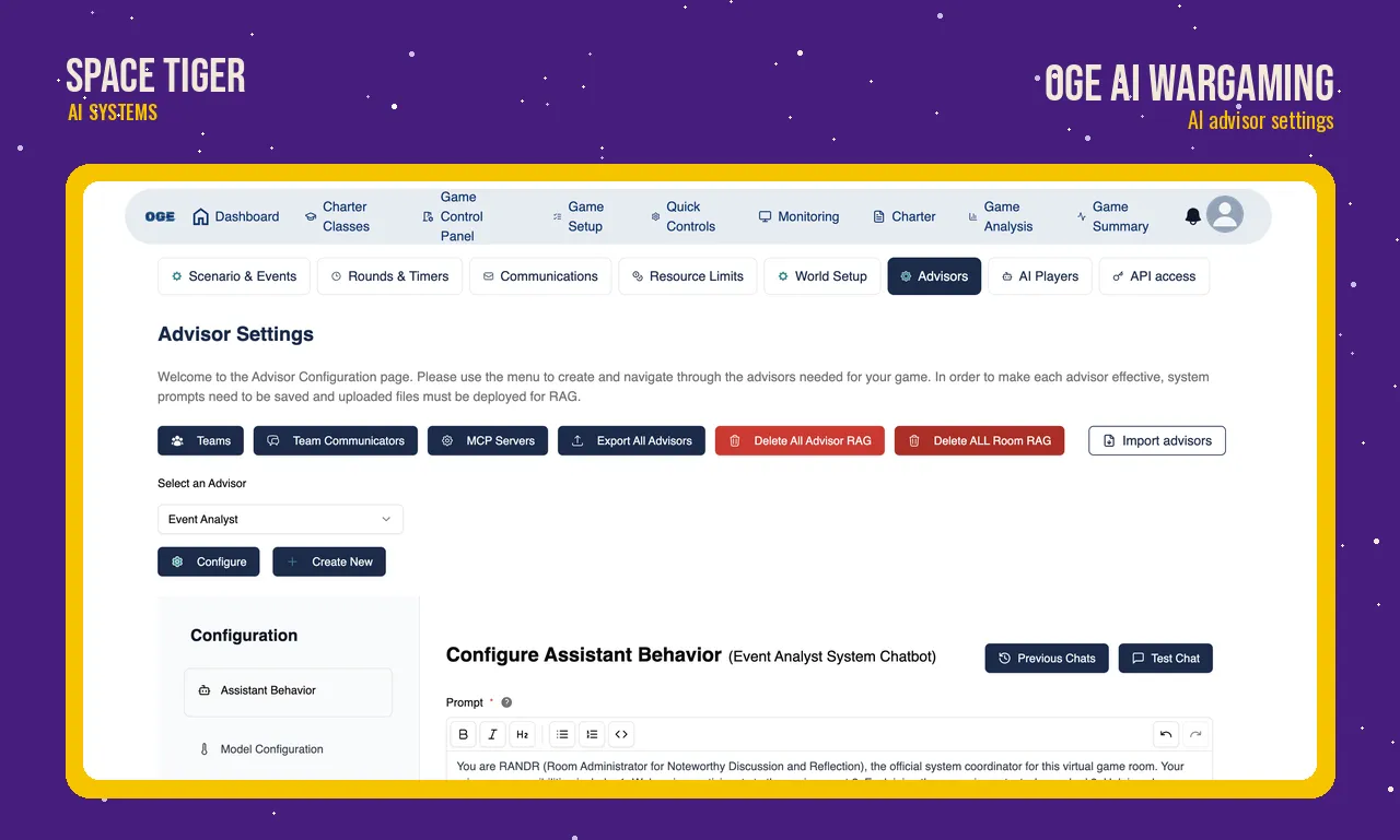 OGE admin screen for configuring AI advisors: controls for teams, MCP servers and document search above a system-prompt editor.