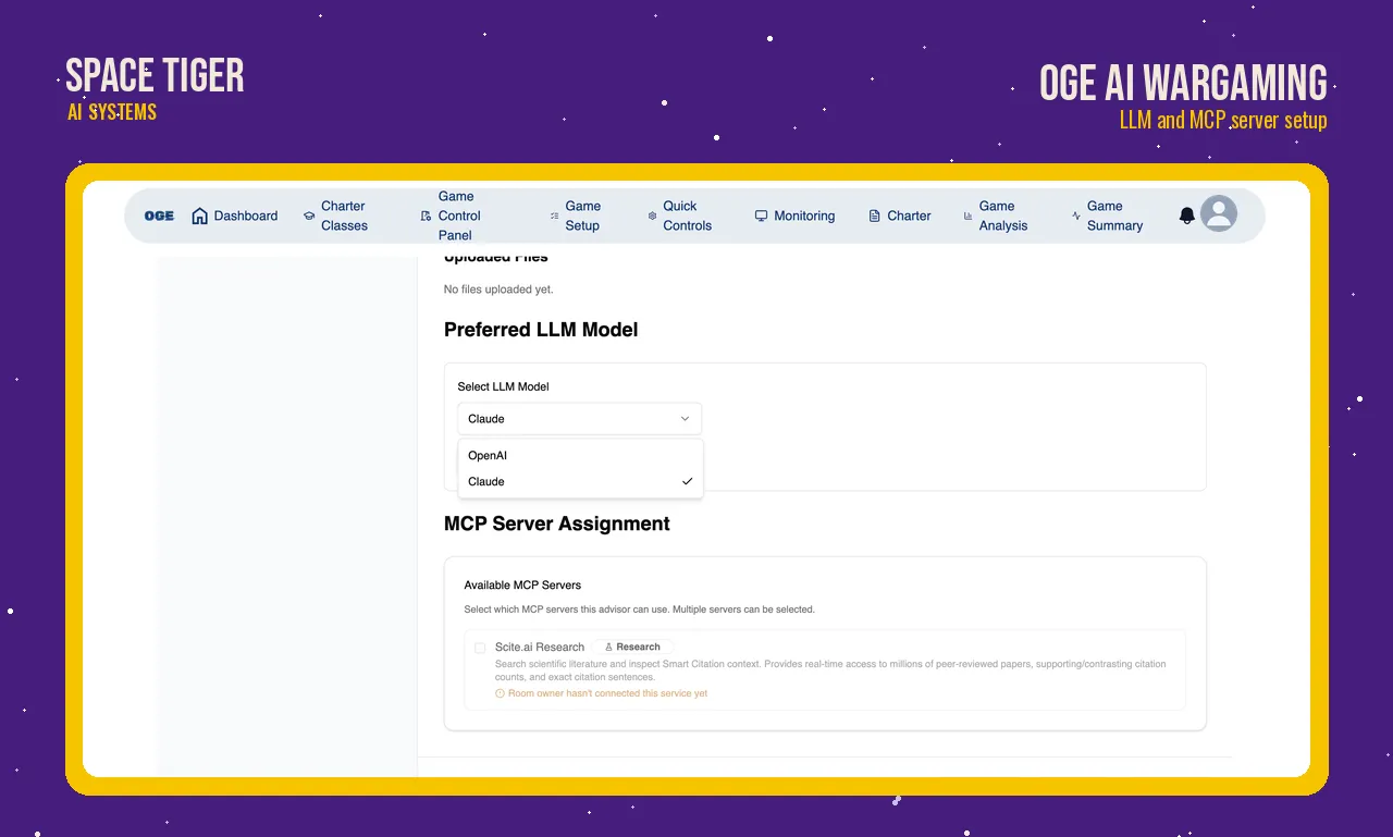 OGE advisor setup with a choice between Claude and OpenAI models and a list of MCP servers the advisor can use.
