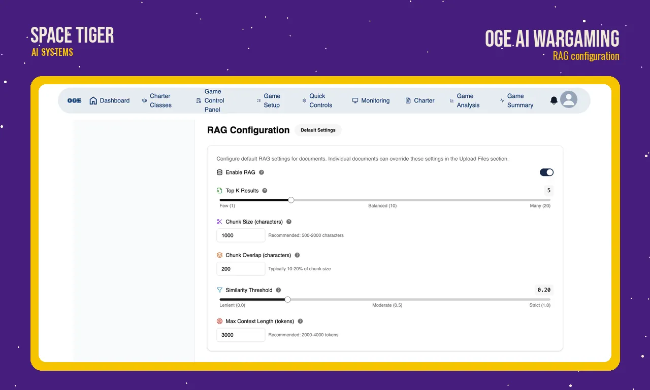 OGE retrieval settings: number of results, chunk size, chunk overlap, similarity threshold and maximum context length.