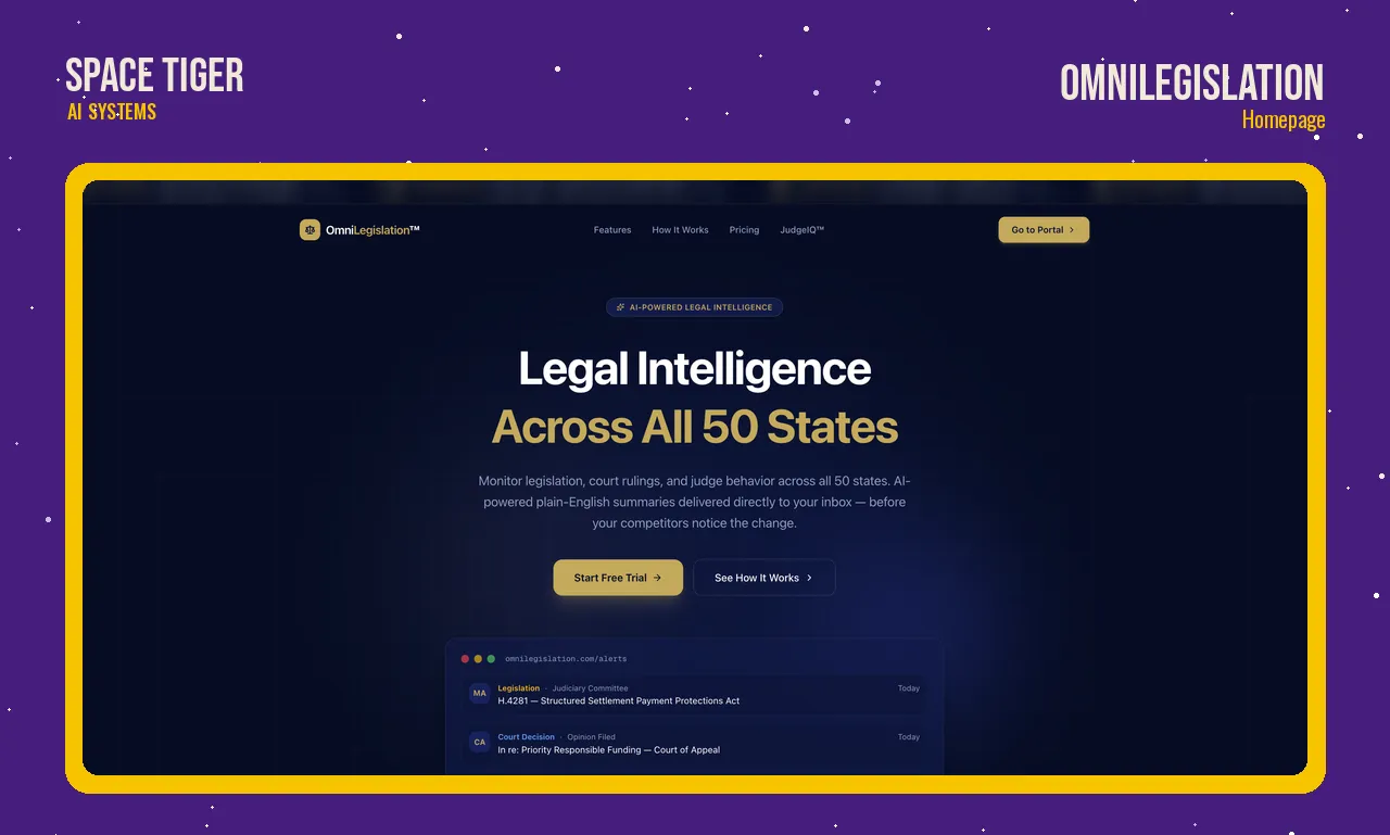 An earlier OmniLegislation homepage, “Legal Intelligence Across All 50 States”, above a feed of new bills and court decisions.