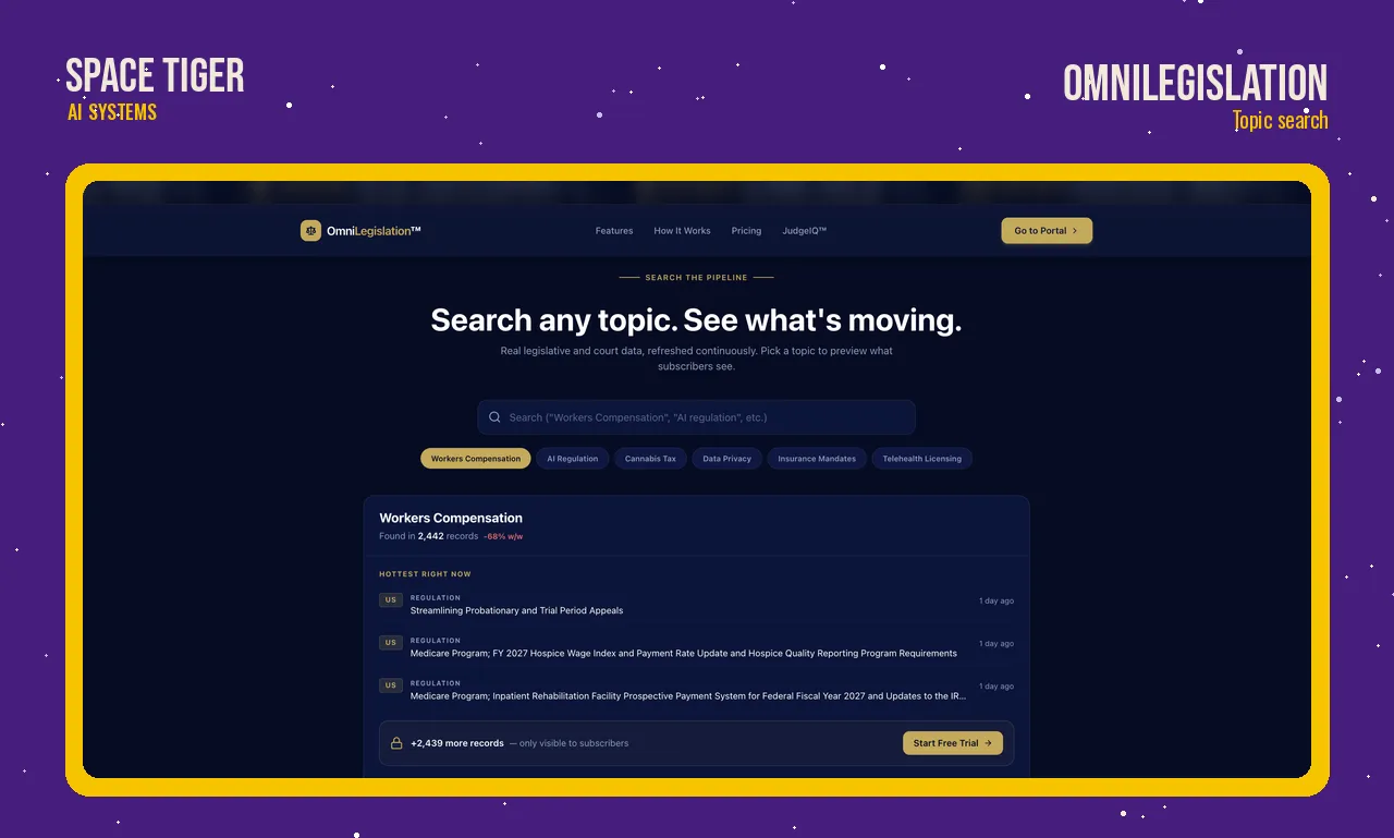 OmniLegislation topic search listing the newest workers’ compensation regulations.